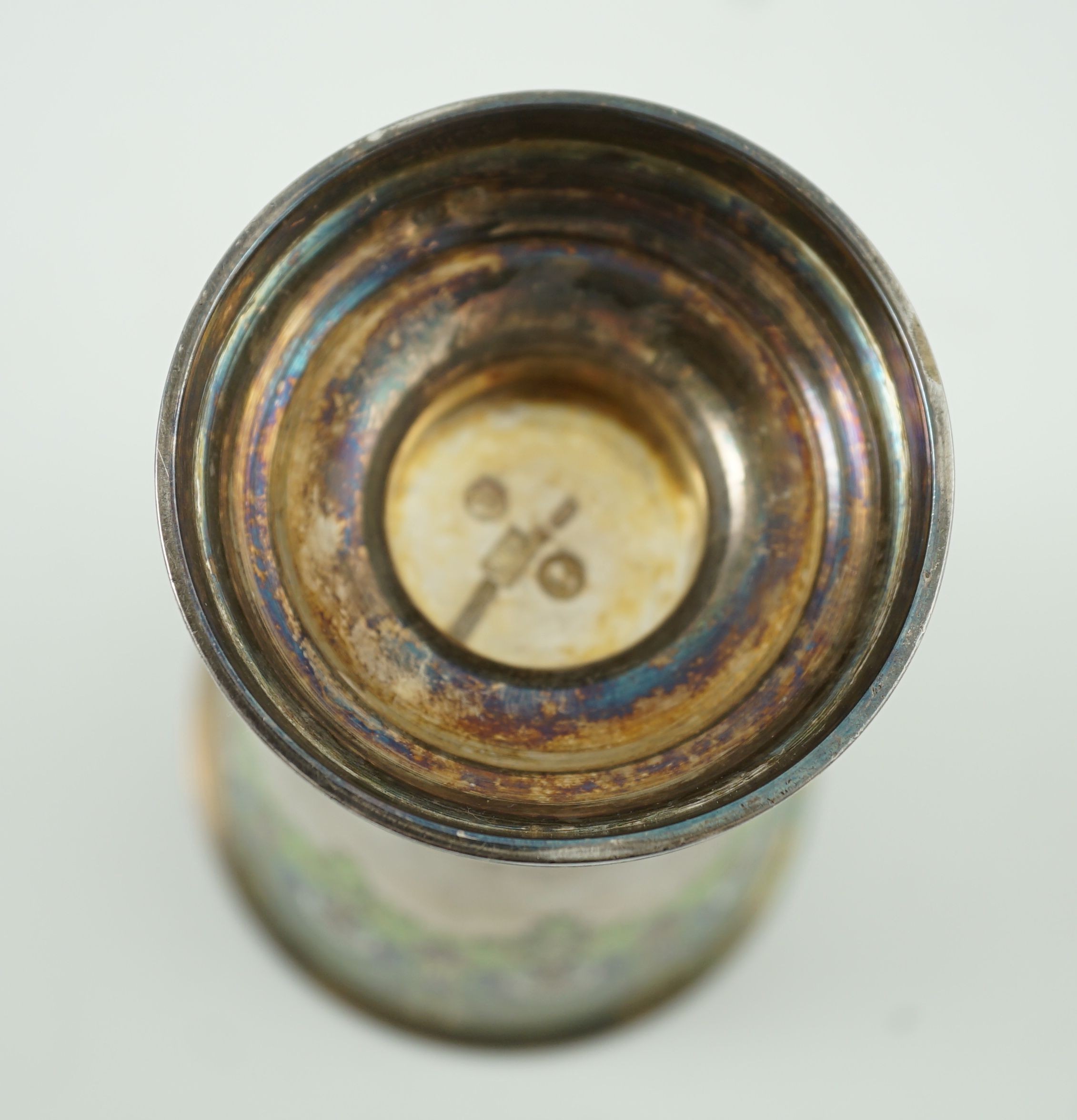 A late 19th century Russian 91 zolotnik silver and polychrome champlevé enamel pedestal beaker, St. Petersburg, maker Pavel Sazikov, 1874